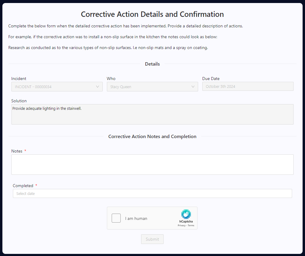 A screenshot of the Adaptive form that is generated for users, if required. The form does not contain a summary of the incident, but instead provides a solution field, and then requires notes to be supplied from the user and the Completed status of the form to be set to the date that the solution was implemented.